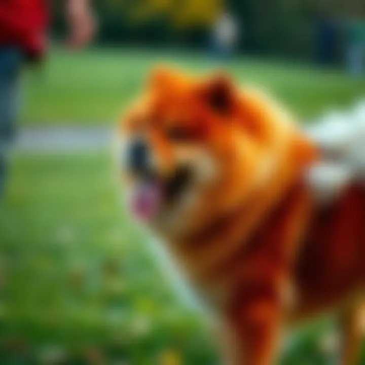 Chow dog meeting a new person A Chow dog cautiously approaches a stranger, showing curiosity while standing on grass.