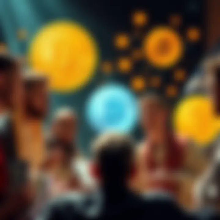 A group of Christians gathered, discussing Bitcoin with a Bible and cryptocurrency symbols in the background.