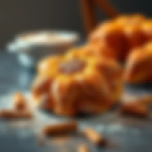 A warm and fluffy Cinnamon Star Bread sits on a kitchen counter, surrounded by sprinkle of cinnamon and flour.