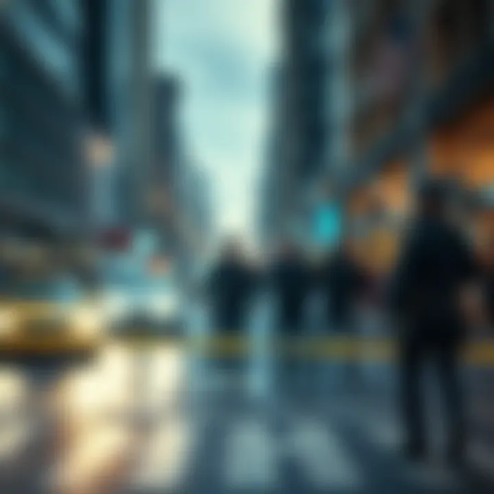 A city street showing police officers responding to a recent crime scene, with a concerned crowd in the background
