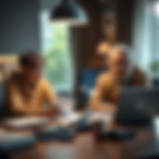 A civil servant in their early 50s sits at a table discussing retirement options with a sibling, surrounded by financial documents and a laptop.