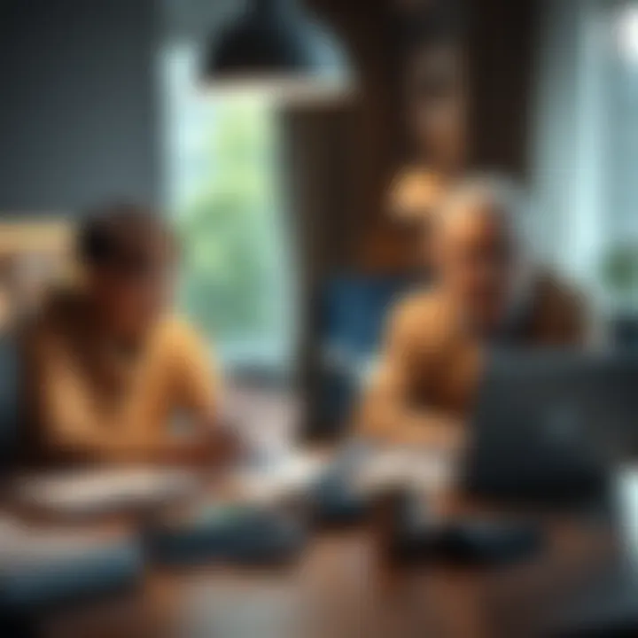 A civil servant in their early 50s sits at a table discussing retirement options with a sibling, surrounded by financial documents and a laptop.