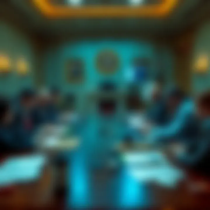 A group of people discussing the CLARITY Act during a legislative meeting with documents and laptops on the table.