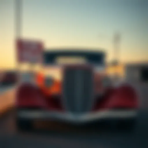 A vintage 1934 Ford roadster parked with a for sale sign, showing its sleek design and shiny exterior.