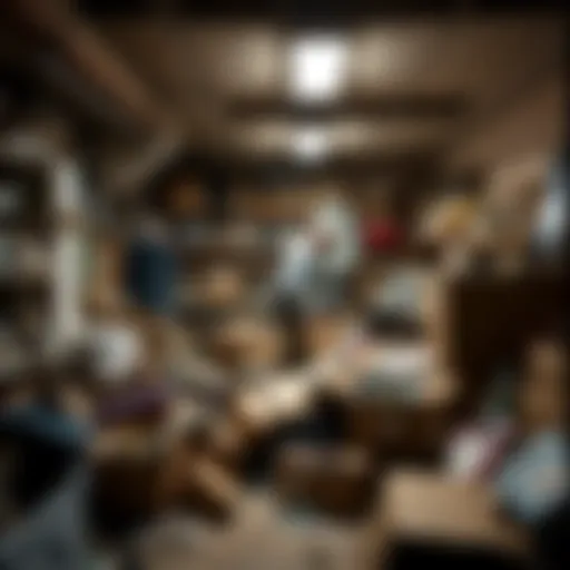 A person sorting through boxes in a dusty basement filled with old items and memories, surrounded by family photos and keepsakes.