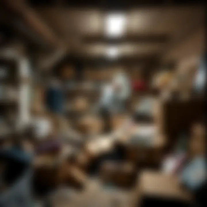 Clearing Grandpa's Basement A person sorting through boxes in a dusty basement filled with old items and memories, surrounded by family photos and keepsakes.