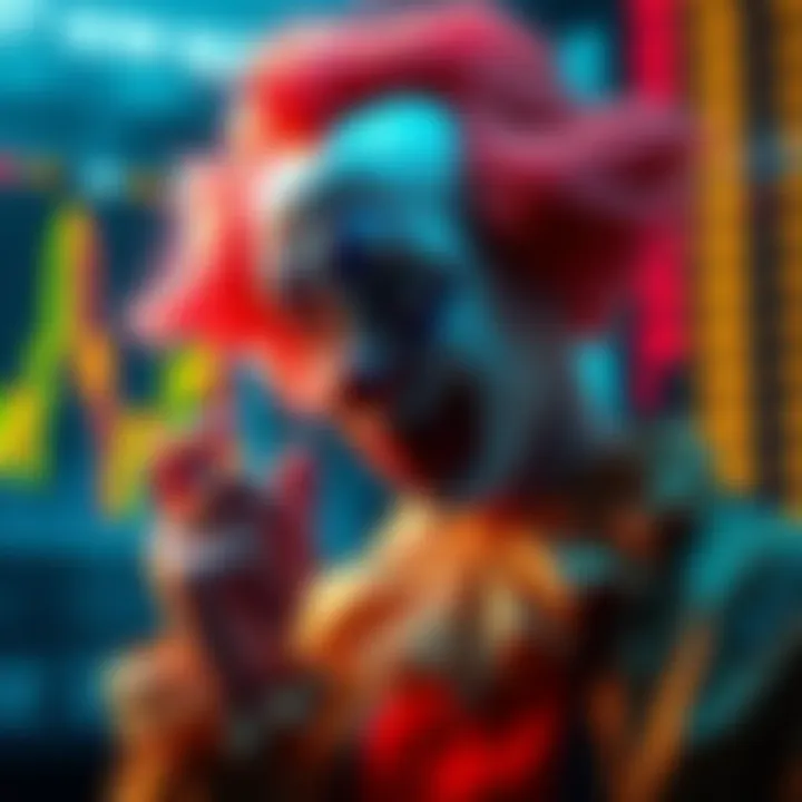 A clown looking thoughtfully at a chart, representing trading decisions and market volatility