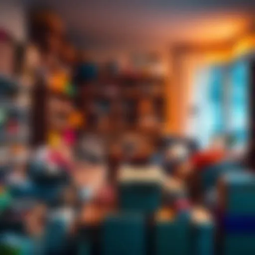 A cluttered living room filled with boxes and items from shopping, illustrating the challenge of managing overspending.