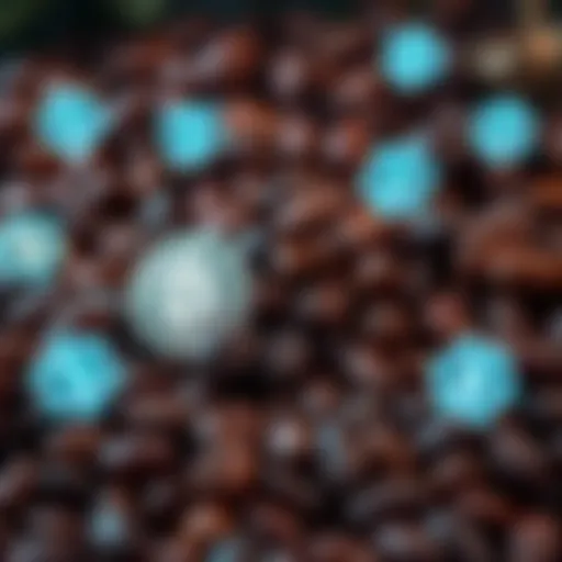 Cocoa beans surrounded by blockchain icons, illustrating supply chain tracking