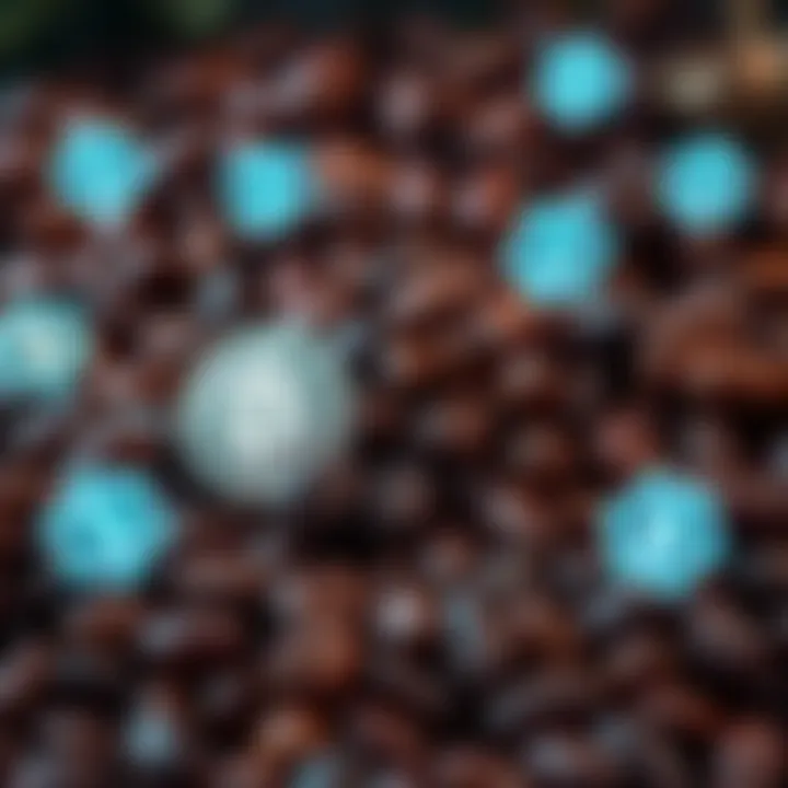 Cocoa beans with blockchain symbols Cocoa beans surrounded by blockchain icons, illustrating supply chain tracking