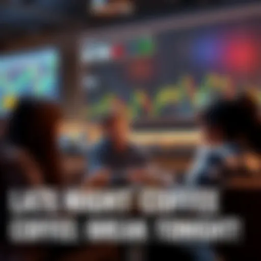 People discussing over coffee, excited about the potential price break in the market, with graphs and charts in the background.