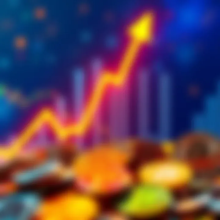 Coin price surge after delisting Graph showing a sharp increase in cryptocurrency prices following a delisting announcement, with upward arrows and coins in the background