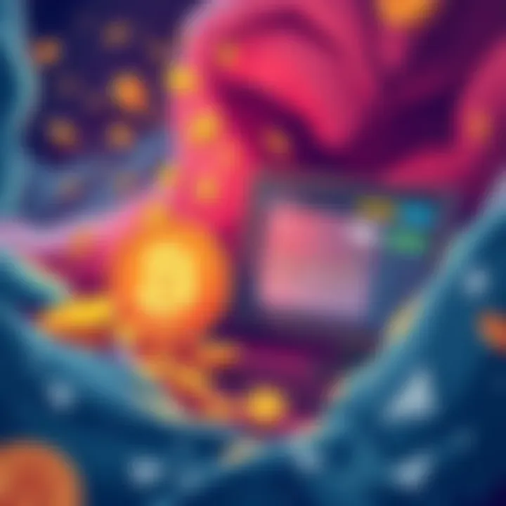 Illustration showing coins being mined and a computer screen displaying a cryptocurrency exchange like Coinbase and MetaMask.