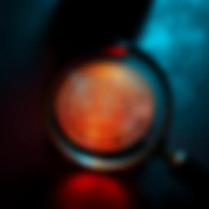 Coin scam investigation A magnifying glass over a coin, revealing warning signs of a scam. Shadows loom in the background, hinting at deceit.
