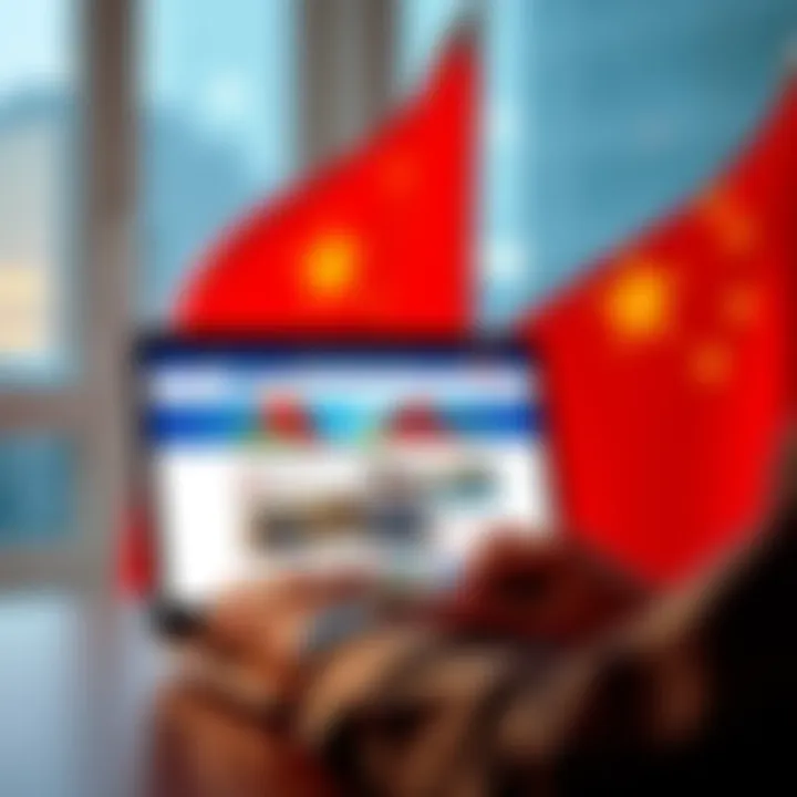 A person using a laptop with a Coinbase website on the screen and a Chinese flag in the background
