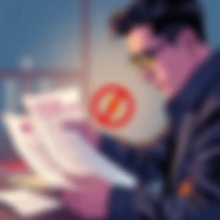 Illustration showing a person analyzing cryptocurrency documents with a prohibition symbol on stablecoins