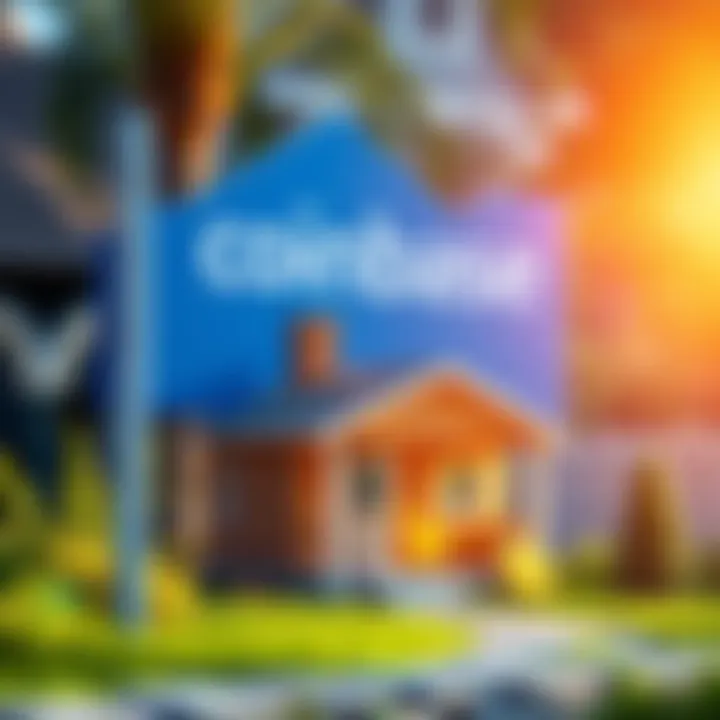 Coinbase sign with a house and cryptocurrency symbols, representing subprime home loans backed by crypto.