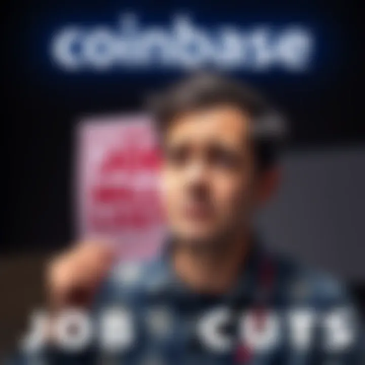 A Coinbase employee looking worried with a job loss notice in the background