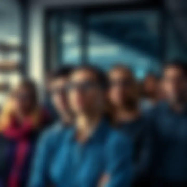 Coinbase Workforce Layoffs A group of people looking concerned in an office setting, symbolizing layoffs at Coinbase while focusing on AI technology.