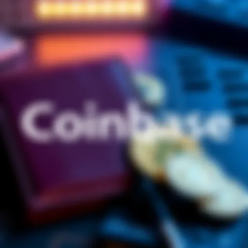 Coinbase logo displayed next to a digital wallet showcasing cryptocurrency coins