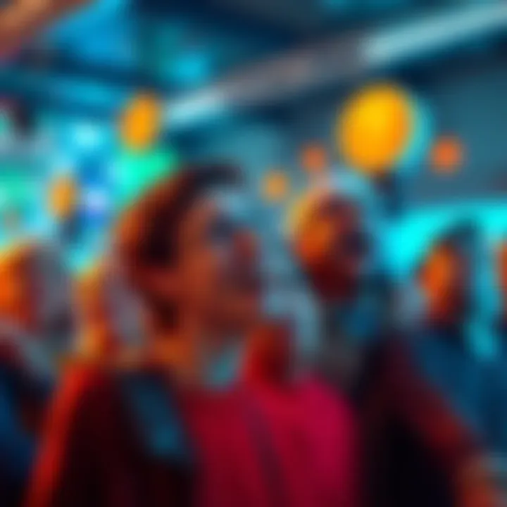 A crowd of people reacting with laughter and surprise to Coinbase's recent news on cryptocurrency, showcasing mixed emotions in a lively setting.