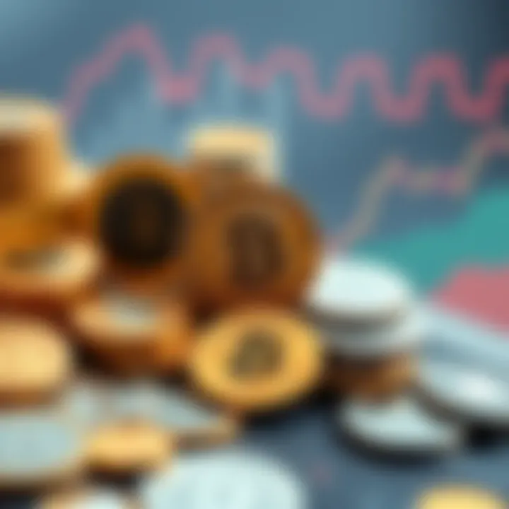 Coins and Growth Strategies A collection of various coins with charts showing growth trends, representing strategies for passing coin challenges.
