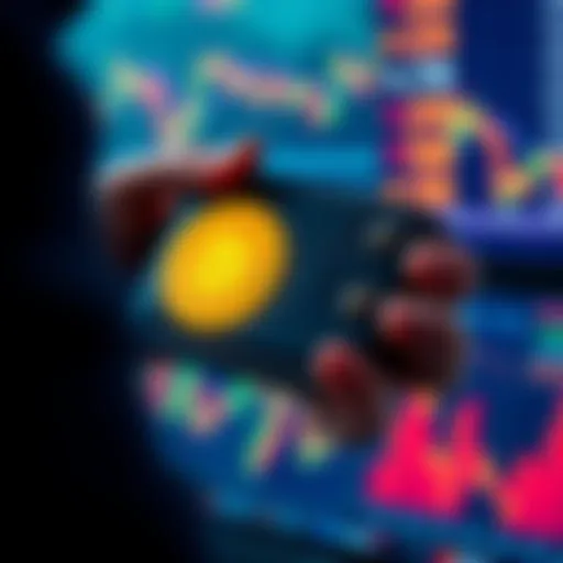 A person holding a cold wallet device for storing cryptocurrency securely, with a blurred background of financial charts.