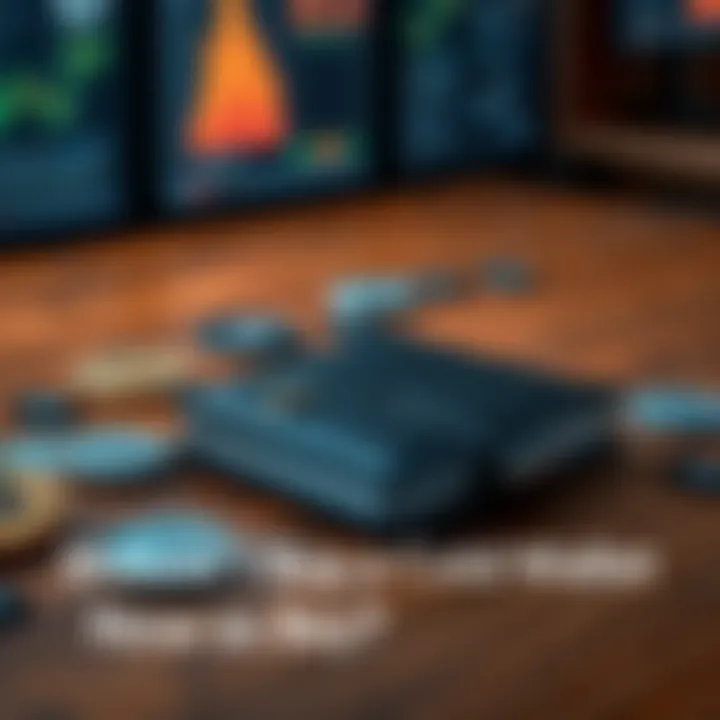 A cold wallet device placed on a wooden table surrounded by cryptocurrency symbols, indicating investment choices.