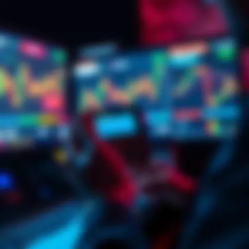 A person holding a cold wallet device while looking at a computer screen displaying cryptocurrency graphs and alerts.