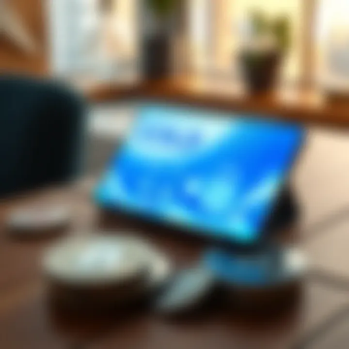 A Coldcard wallet placed on a wooden table with a digital screen displaying security features, surrounded by cryptocurrency coins.