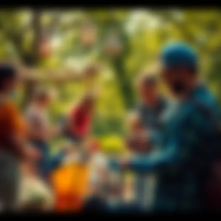 People gathering items in a sunny outdoor setting, enjoying nature and each other's company.
