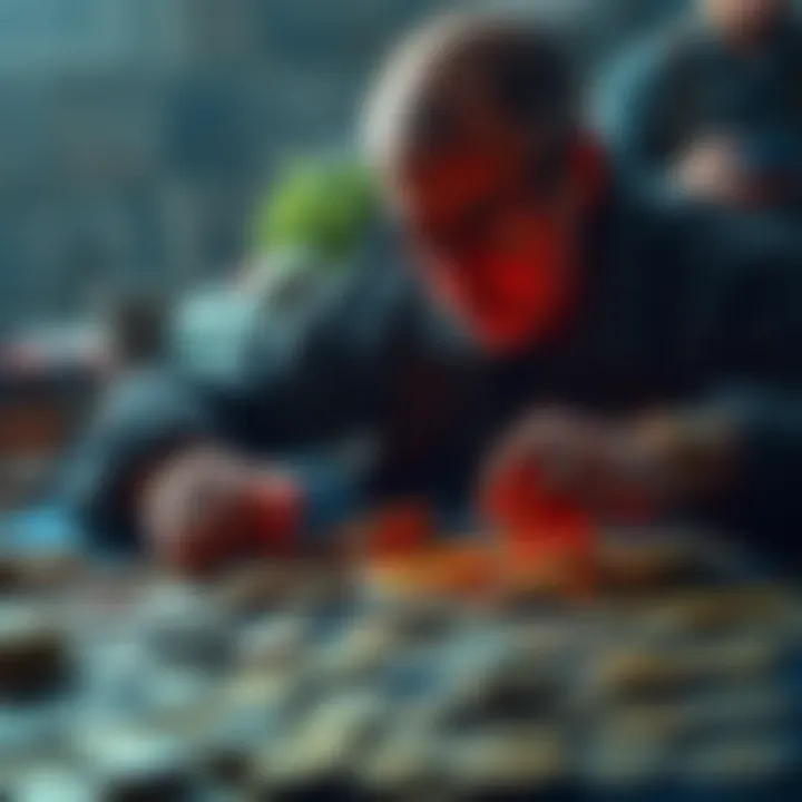 A passionate collector examines a spread of coins on a table, searching for specific types, showcasing their dedication to coin collecting.