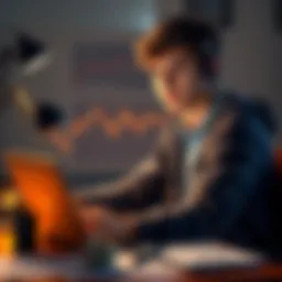 A college student sitting at a desk with a laptop, looking at cryptocurrency charts and notes about Bitcoin strategies.