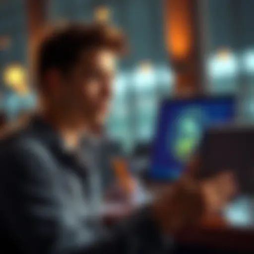 A college student holding a laptop with Dogecoin logo on the screen, looking thoughtful as he contemplates investment options