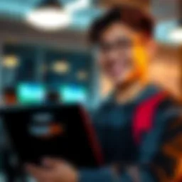 A college-bound student holding a laptop, seeking a casual teammate for the Amazon HackOn event, smiling and inviting others to join