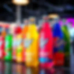 Colorful Bottled Energy Drinks A selection of vibrant bottled energy drinks on a table, showcasing various flavors and colors, perfect for boosting energy.