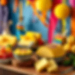 A colorful spread of butter-themed dishes and decorations for Pride Month, featuring rainbow colors and festive elements.