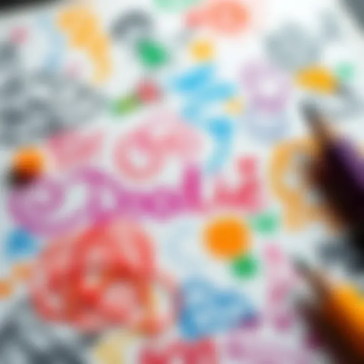 Colorful doodles on paper A close-up of various colorful doodles and sketches on a sheet of paper, showcasing creativity and playful designs.