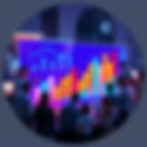 A vibrant bar graph displaying statistics related to past events, with people engaged in discussion around it.