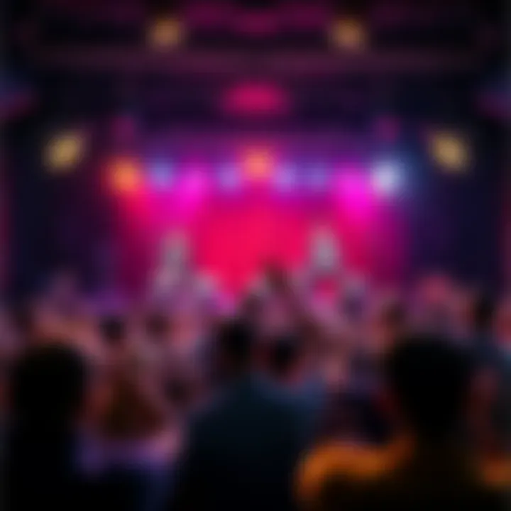 A lively comedy show with comedians performing in front of a cheering crowd, with laughter filling the air.
