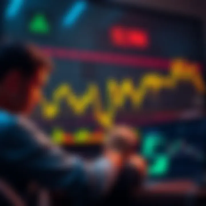 A chart showing rising and falling cryptocurrency prices with worried investors looking at their screens.