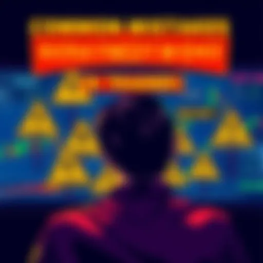 A confused person looking at multiple cryptocurrency charts on a screen, surrounded by warning signs about trading mistakes, symbolizing the challenges beginners face.