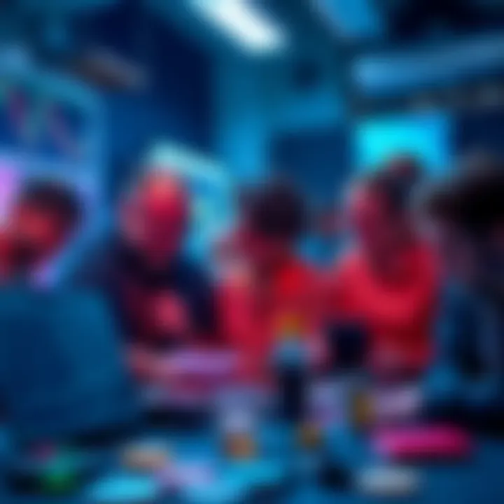 A vibrant group of people collaborating on memecoin projects with excitement and determination, showcasing teamwork and creativity.