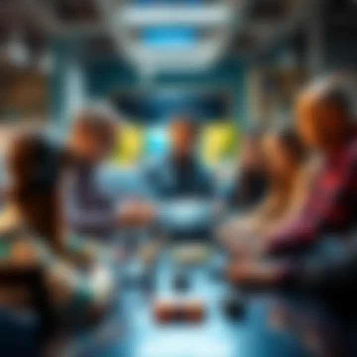 A group of diverse people discussing and collaborating on a tech platform with laptops and devices, symbolizing transparency and independence.