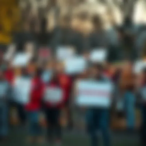 A diverse group of people gathered in a park holding signs promoting unity and positive values, smiling and working together for a better future.