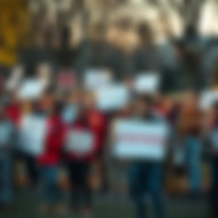 A diverse group of people gathered in a park holding signs promoting unity and positive values, smiling and working together for a better future.