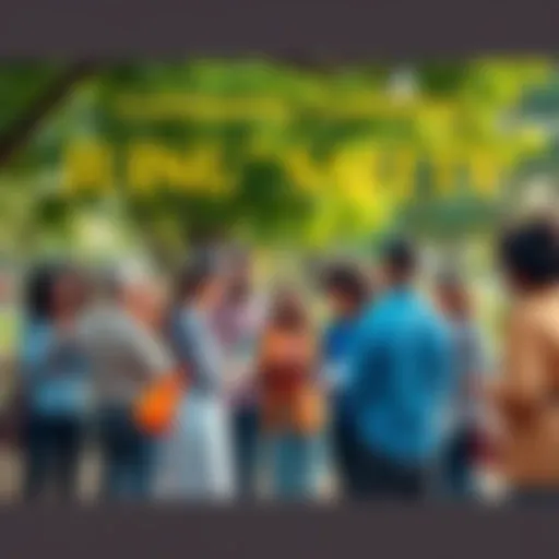 A diverse group of people standing together in a park, discussing ways to promote safety and well-being in their community.