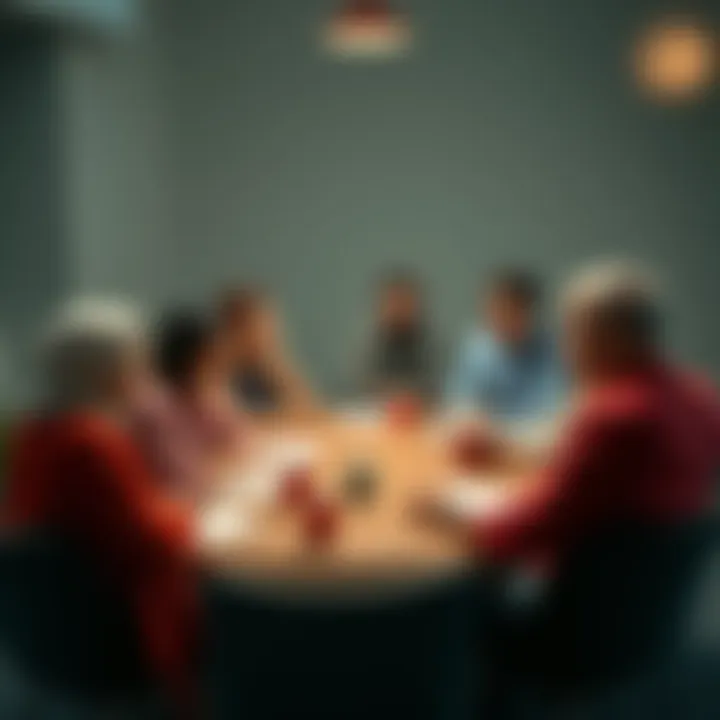 A diverse group of people sitting in a circle, discussing their thoughts on community progress and goals, with notepads and coffee cups on the table.