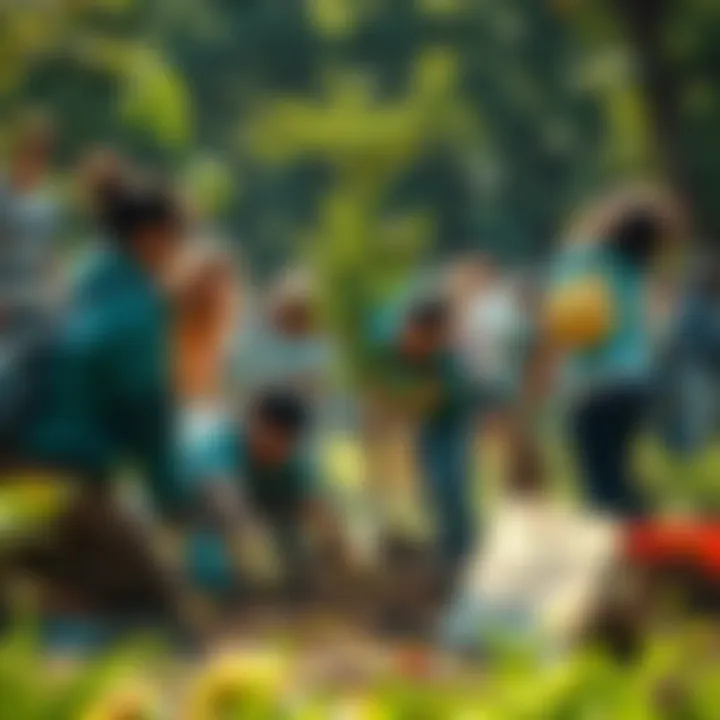 A diverse group of people participating in community service, planting trees and cleaning up a park, symbolizing collective action for a better future.