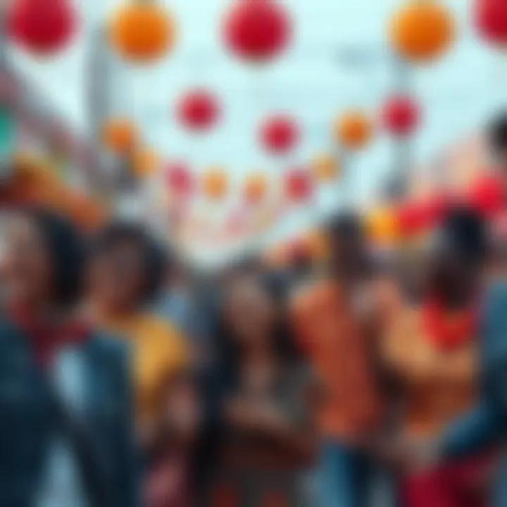 People of diverse backgrounds celebrating together in a vibrant street festival with colorful decorations and joyful expressions.